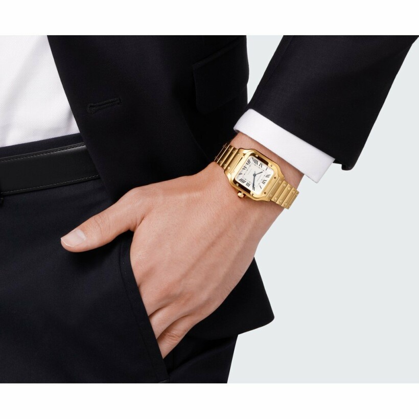 Santos de Cartier watch, Medium model, automatic movement, yellow gold, interchangeable metal and leather bracelets