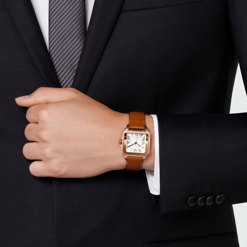 Santos de Cartier watch, Medium model, automatic movement, rose gold, 2 interchangeable leather bracelets