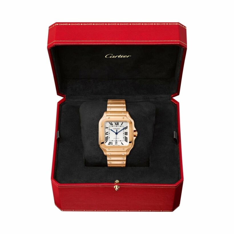 Santos de Cartier Big size watch, automatic movement, rose gold, steel bracelets and interchangeable leather