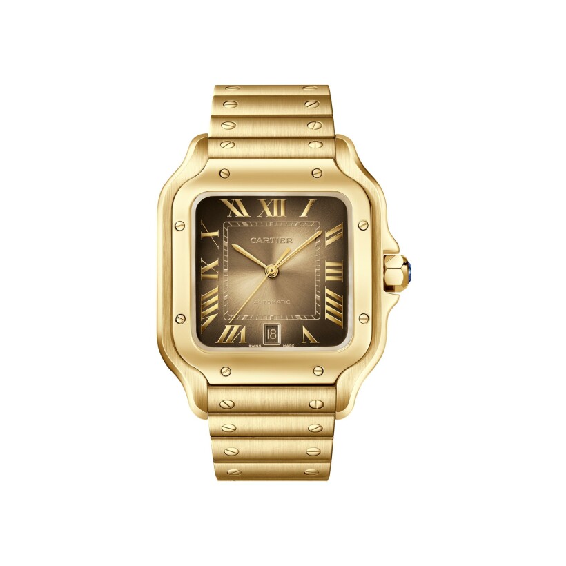 Santos de Cartier watch , large model, automatic movement, yellow gold, interchangeable metal and leather straps