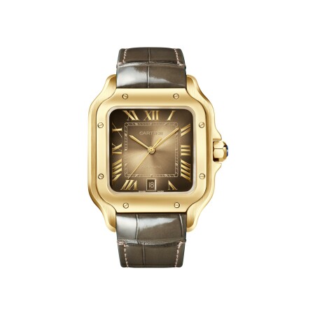 Montre Santos de Cartier, Grand modèle, mouvement automatique, or jaune, bracelets métal et cuir interchangeables