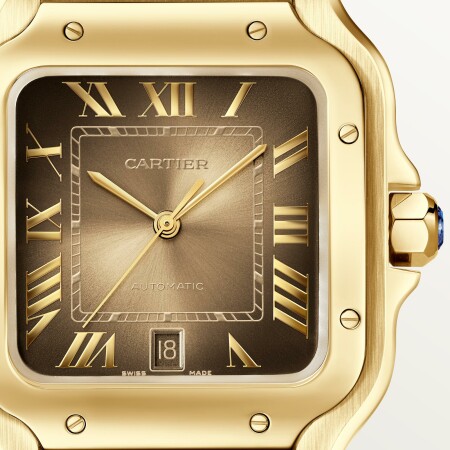 Montre Santos de Cartier, Grand modèle, mouvement automatique, or jaune, bracelets métal et cuir interchangeables