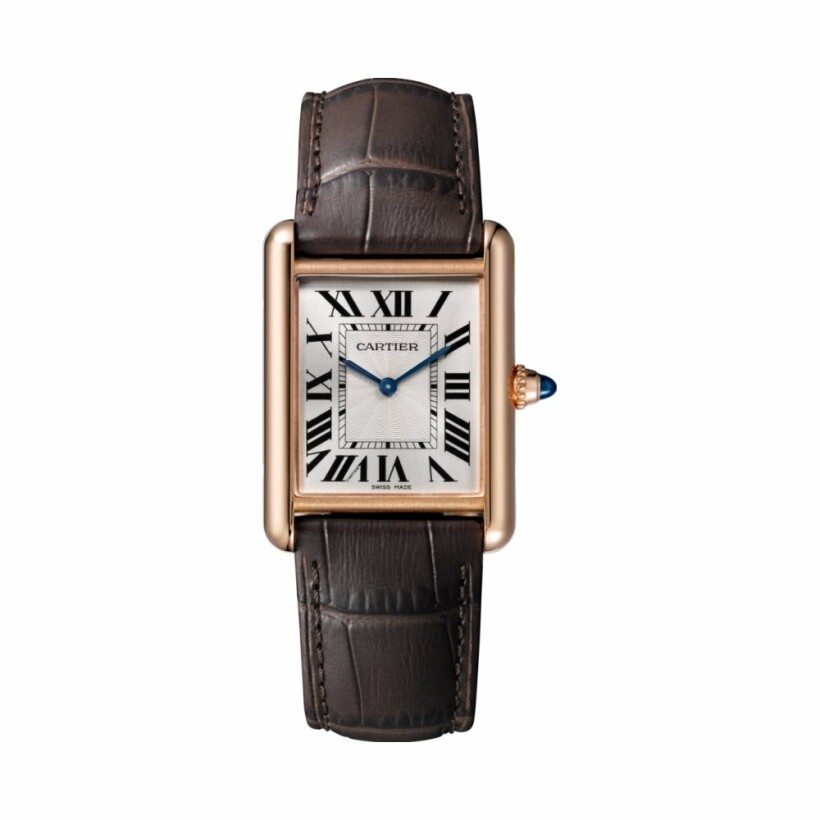 Tank Louis Cartier watch, Large model, hand-wound mechanical movement, rose gold, leather