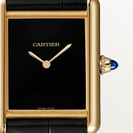 Tank Louis Cartier watch Large model, hand-wound mechanical movement, yellow gold, leather