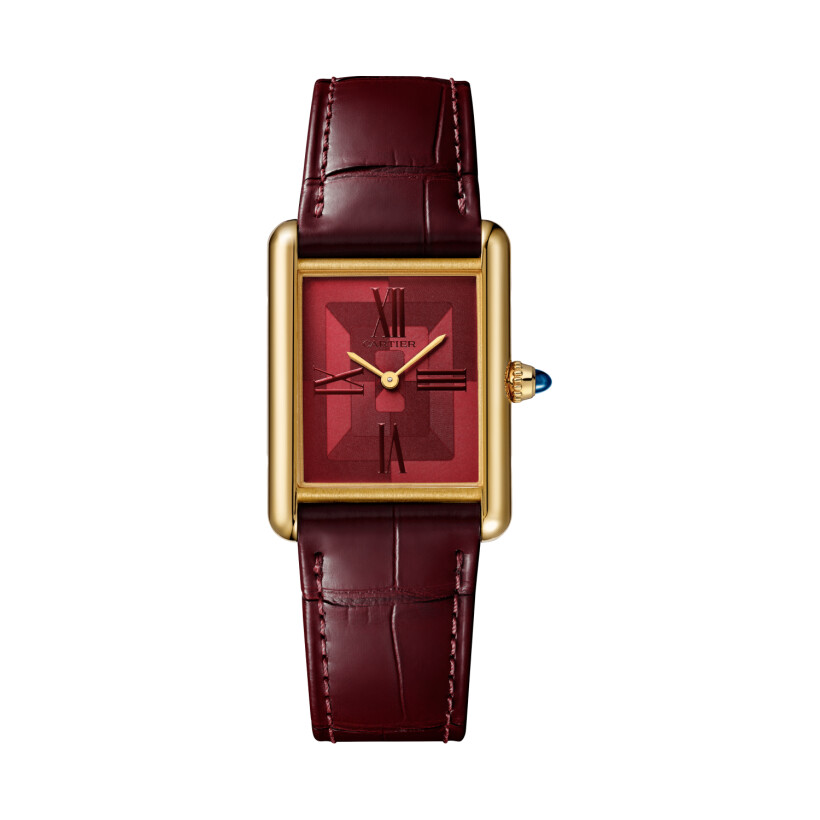 Tank Louis Cartier watch Large model, hand-wound mechanical movement, yellow gold, leather