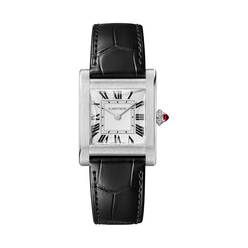 Tank Normale Cartier watch Large model, hand-wound mechanical movement, platinum, leather