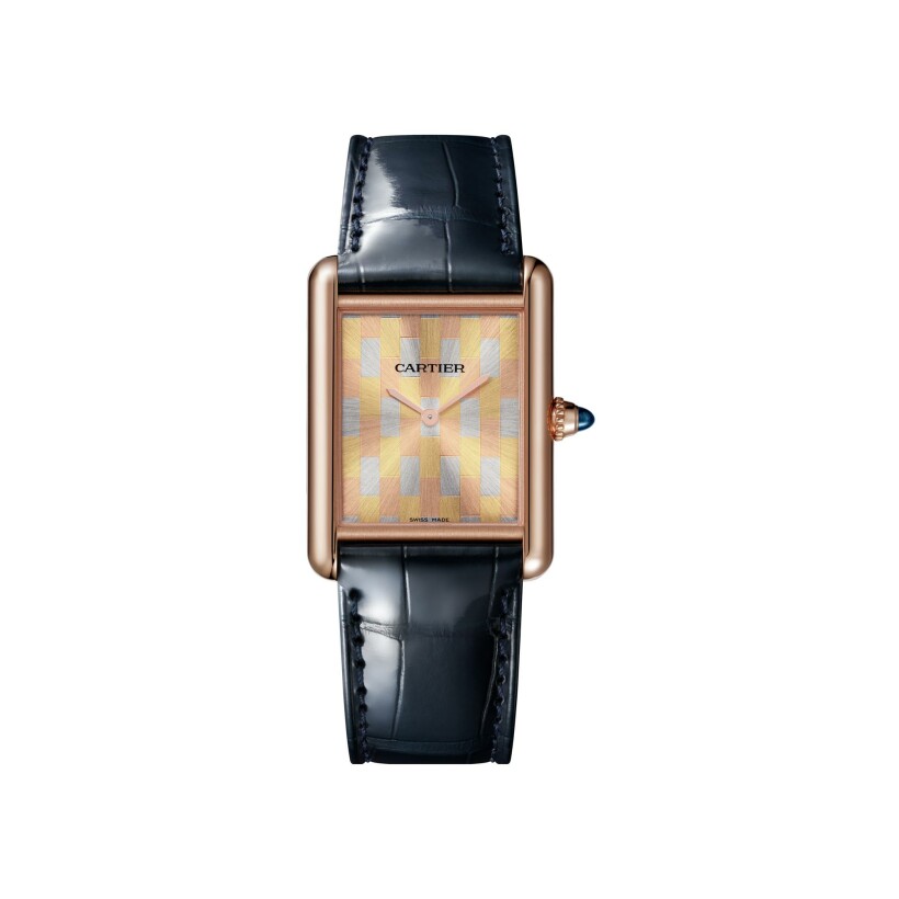 Tank Louis Cartier watch Large model, hand-wound mechanical movement, rose gold, leather