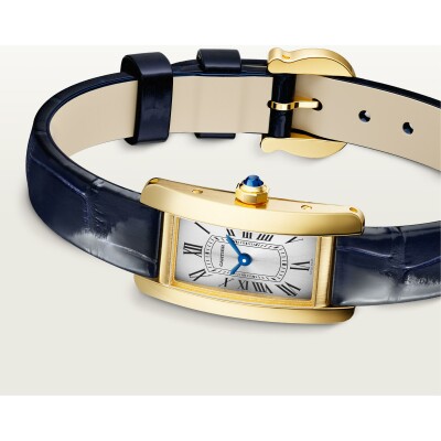 Montre Tank Américaine, Mini modèle, mouvement quartz, or jaune, cuir