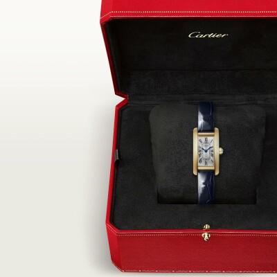 Montre Tank Américaine, Mini modèle, mouvement quartz, or jaune, cuir
