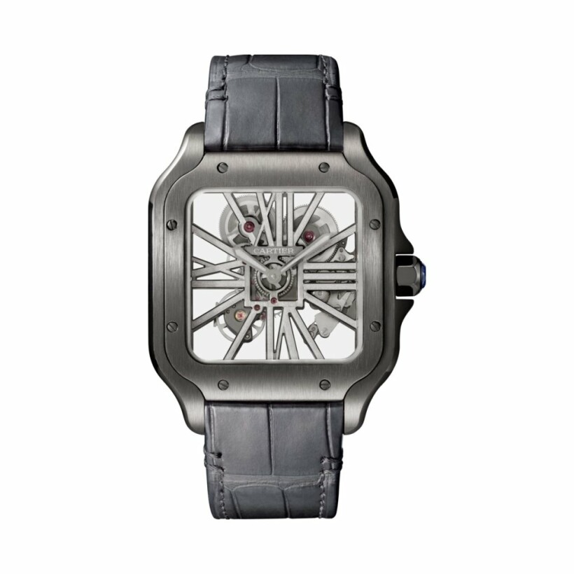 Santos de Cartier watch, Large model, hand-wound mechanical movement, steel, ADLC, leather