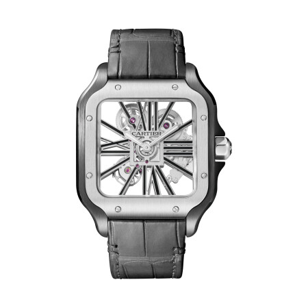 Santos de Cartier watch Large model, hand-wound mechanical movement, steel, interchangeable metal and leather bracelets