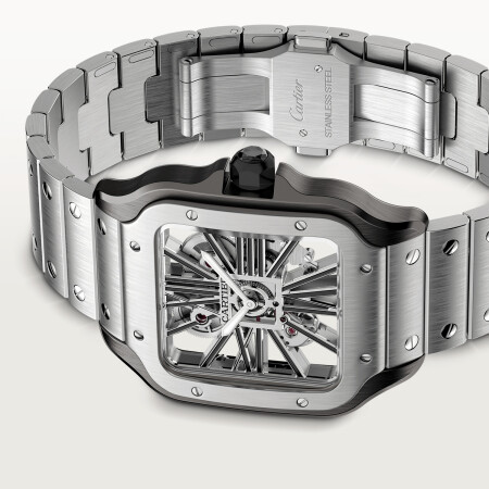 Santos de Cartier watch Large model, hand-wound mechanical movement, steel, interchangeable metal and leather bracelets