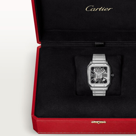 Santos de Cartier watch Large model, hand-wound mechanical movement, steel, interchangeable metal and leather bracelets