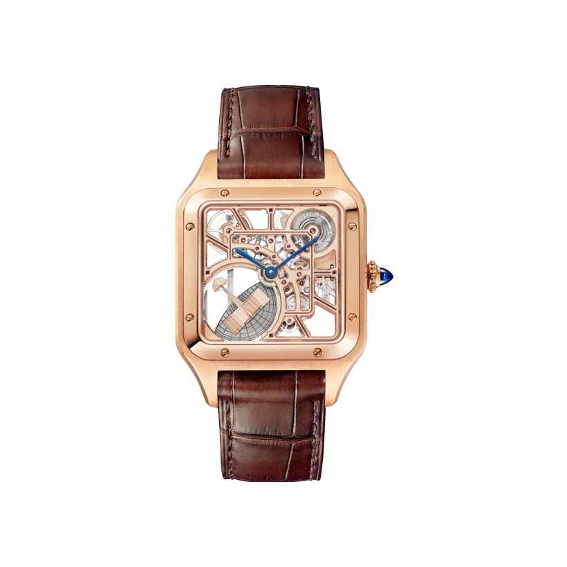 Cartier Santos-Dumont Skeleton Watch with micro-rotor Large model, automatic mechanical skeleton movement, rose gold, leather