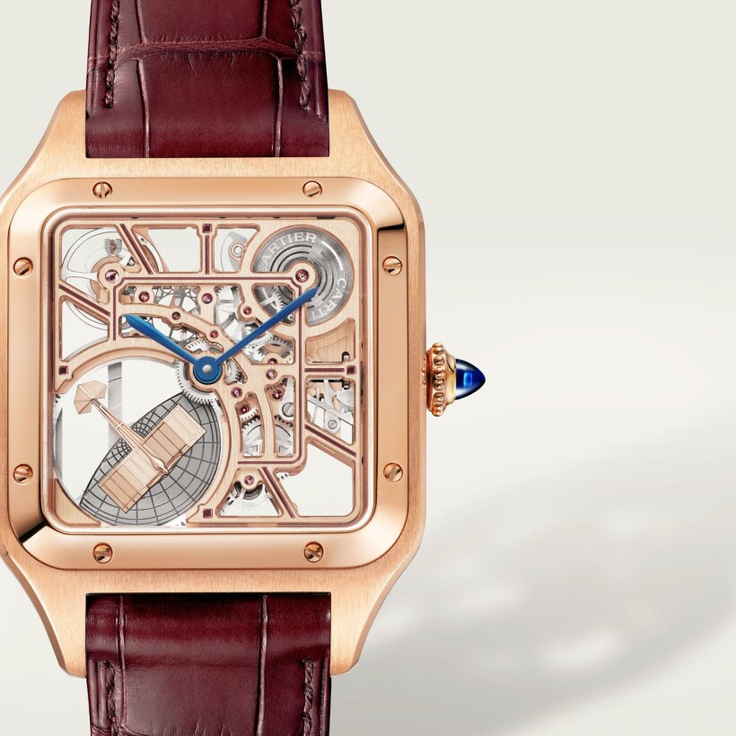 Cartier Santos-Dumont Skeleton Watch with micro-rotor Large model, automatic mechanical skeleton movement, rose gold, leather