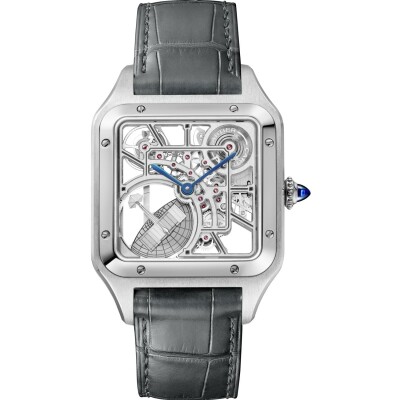 Santos-Dumont skeleton watch Large model, automatic mechanical skeleton movement, steel, leather