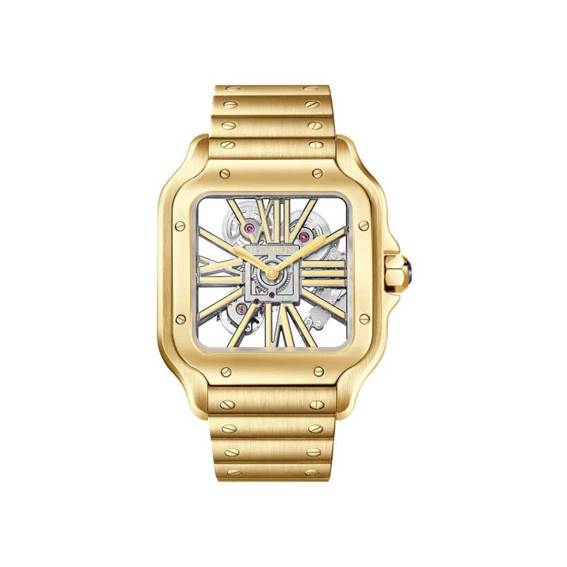 Santos de Cartier Large model, manual skeleton movement, yellow gold, interchangeable metal and leather straps watch