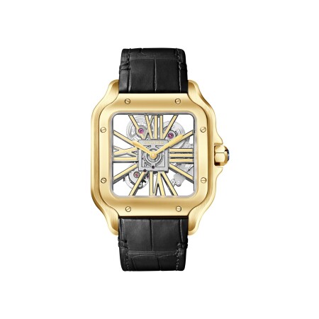 Montre Santos de Cartier Grand modèle, mouvement manuel squeletté, or jaune, bracelets métal et cuir interchangeables