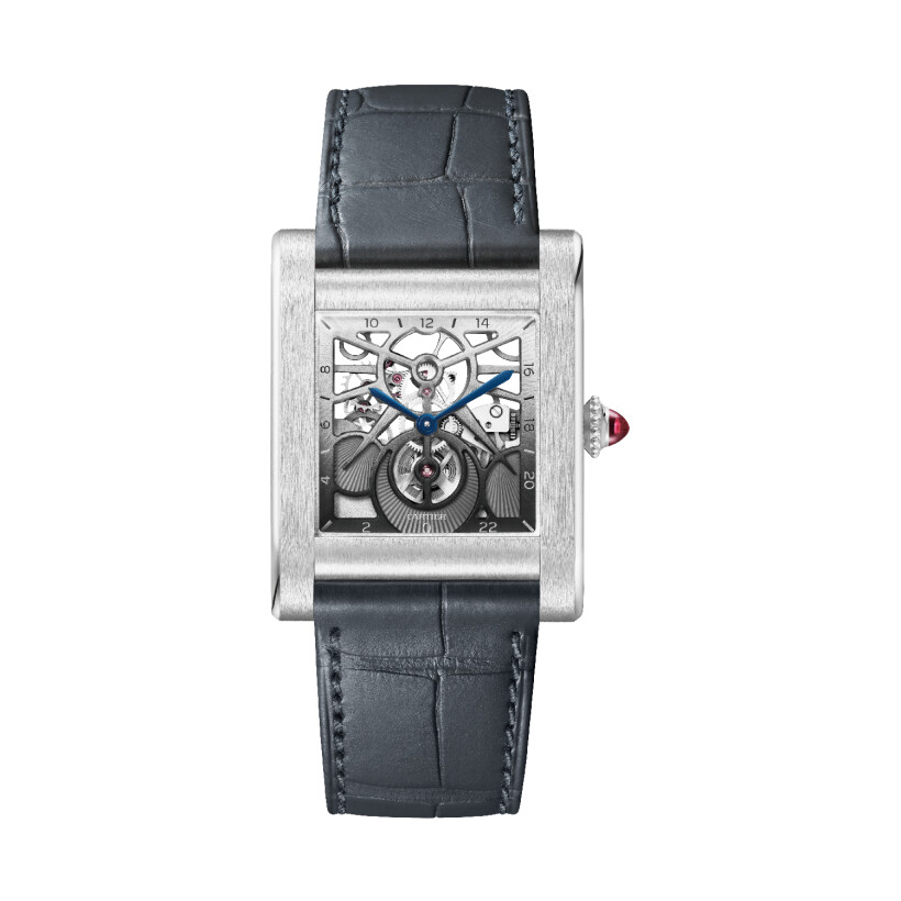 Tank Normale Cartier watch Large model, hand-wound mechanical skeleton movement, platinum, leather
