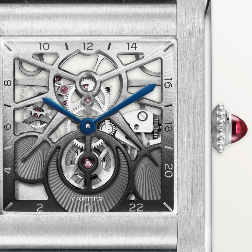 Tank Normale Cartier watch Large model, hand-wound mechanical skeleton movement, platinum, leather