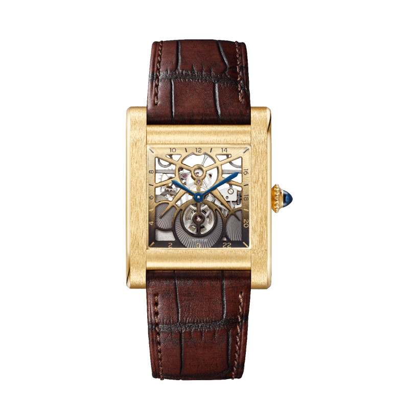 Tank Normale Cartier watch Large model, hand-wound mechanical skeleton movement, yellow gold, leather