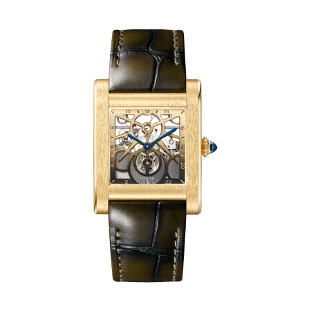 Tank Normale Cartier watch Large model, hand-wound mechanical skeleton movement, yellow gold, leather