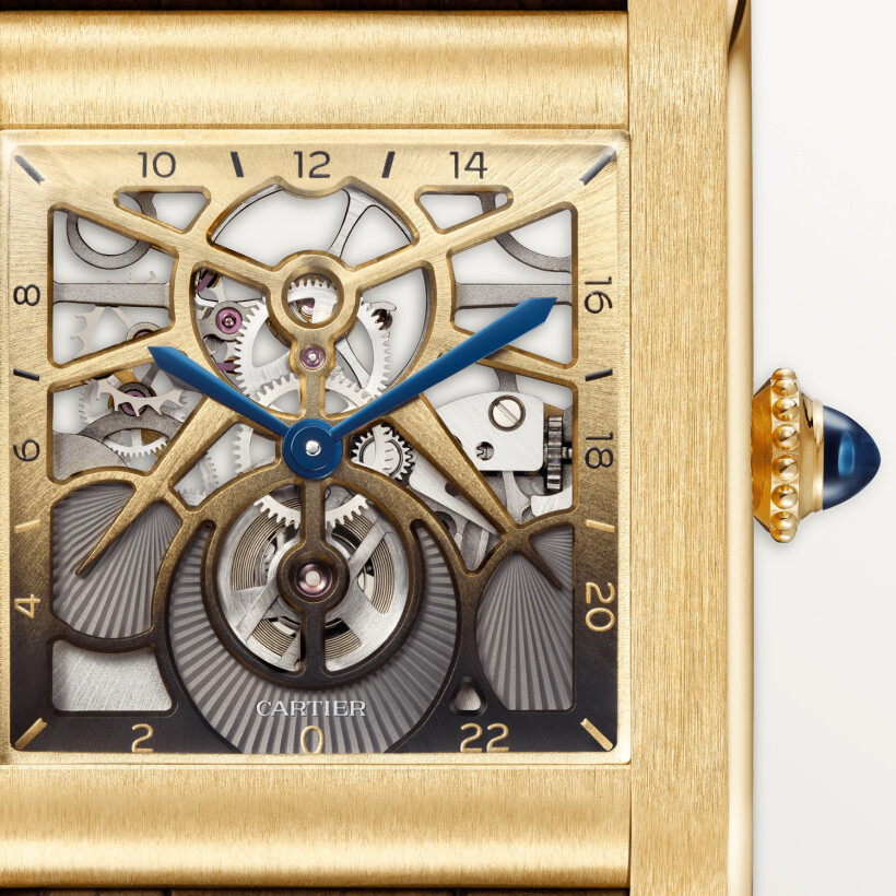 Tank Normale Cartier watch Large model, hand-wound mechanical skeleton movement, yellow gold, leather