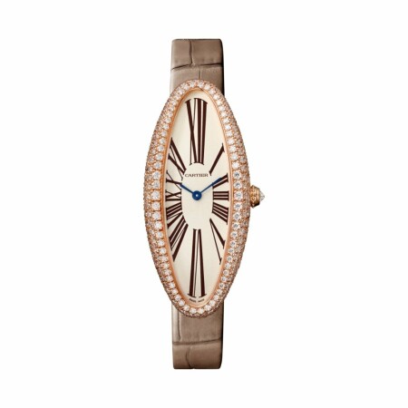 Baignoire Allongée watch, Medium model, hand-wound mechanical movement, rose gold, diamonds