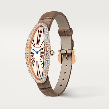 Baignoire Allongée watch, Medium model, hand-wound mechanical movement, rose gold, diamonds