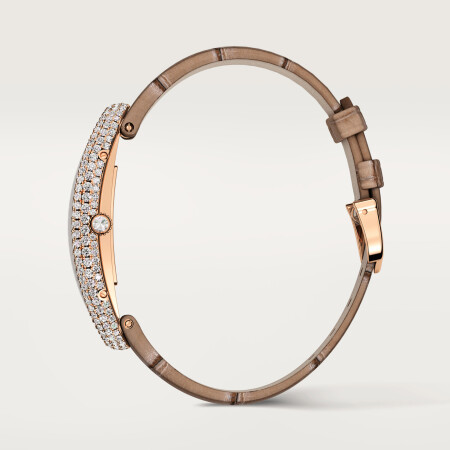 Baignoire Allongée watch, Medium model, hand-wound mechanical movement, rose gold, diamonds