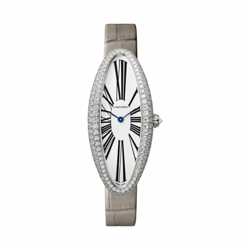 Baignoire Allongée watch, Medium model, hand-wound mechanical movement, white gold, diamonds