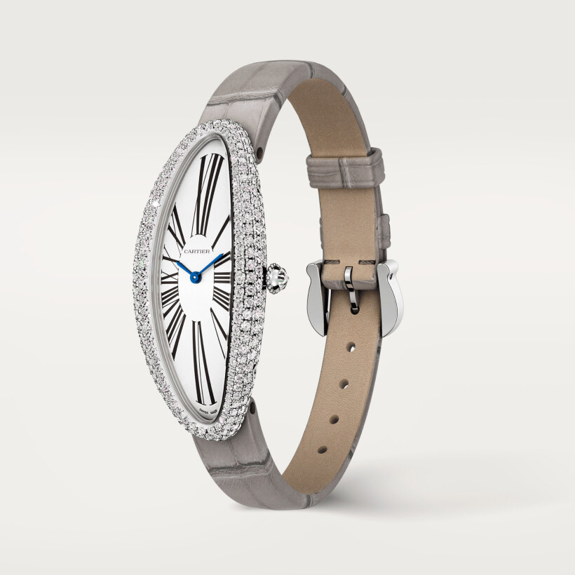 Baignoire Allongée watch, Medium model, hand-wound mechanical movement, white gold, diamonds