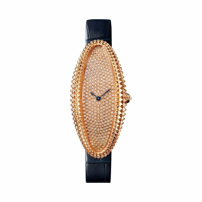 Baignoire Allongée watch, medium model, hand-wound mechanical movement, rose gold, diamonds