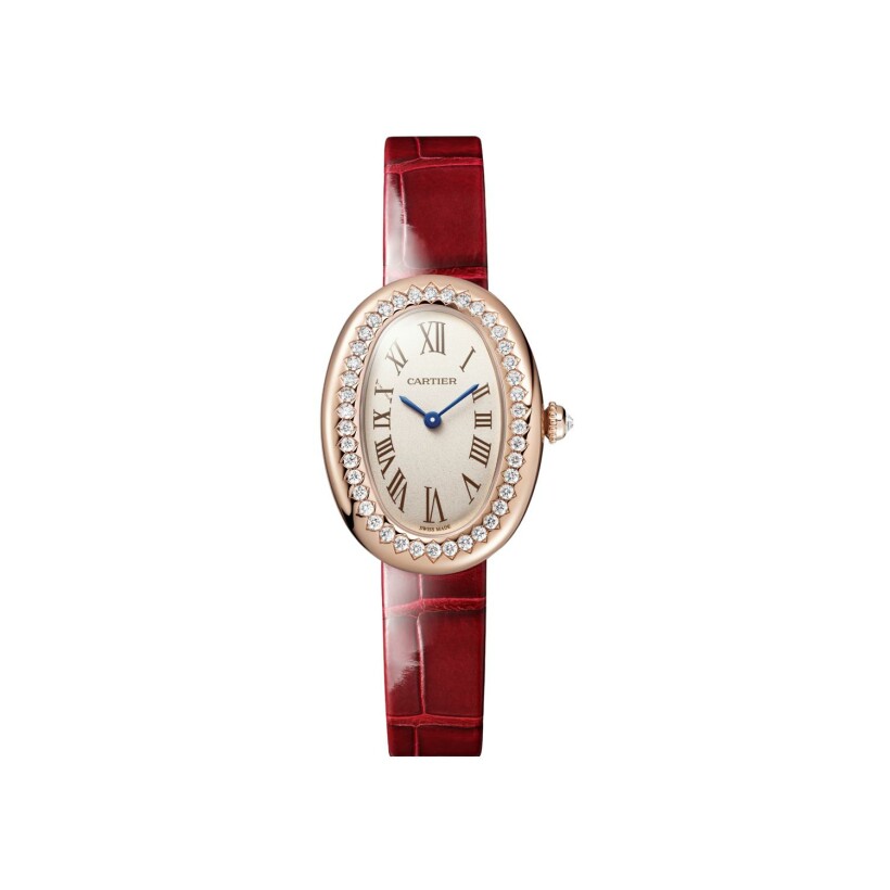 Cartier Baignoire watch, Small model, quartz movement, rose gold, diamonds, leather