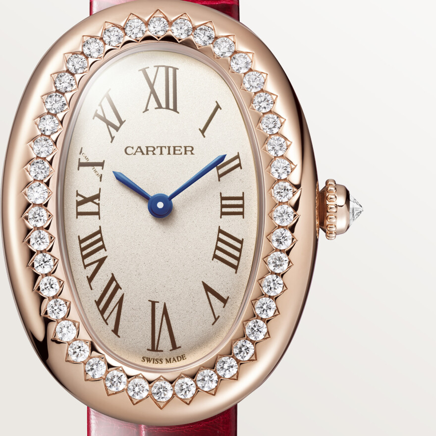 Montre Cartier Baignoire Petit modèle, mouvement quartz, or rose, diamants, cuir