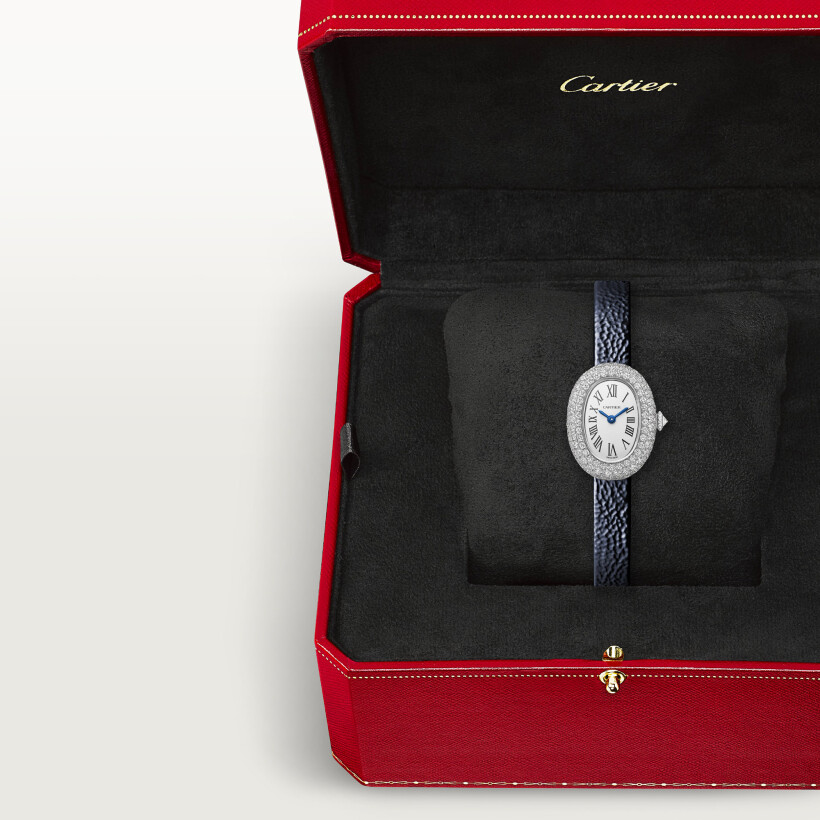 Montre Cartier Baignoire Mini modèle, mouvement quartz, or gris, diamants, cuir