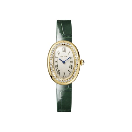 Cartier Baignoire watch, Small model, quartz movement, yellow gold, diamonds, leather