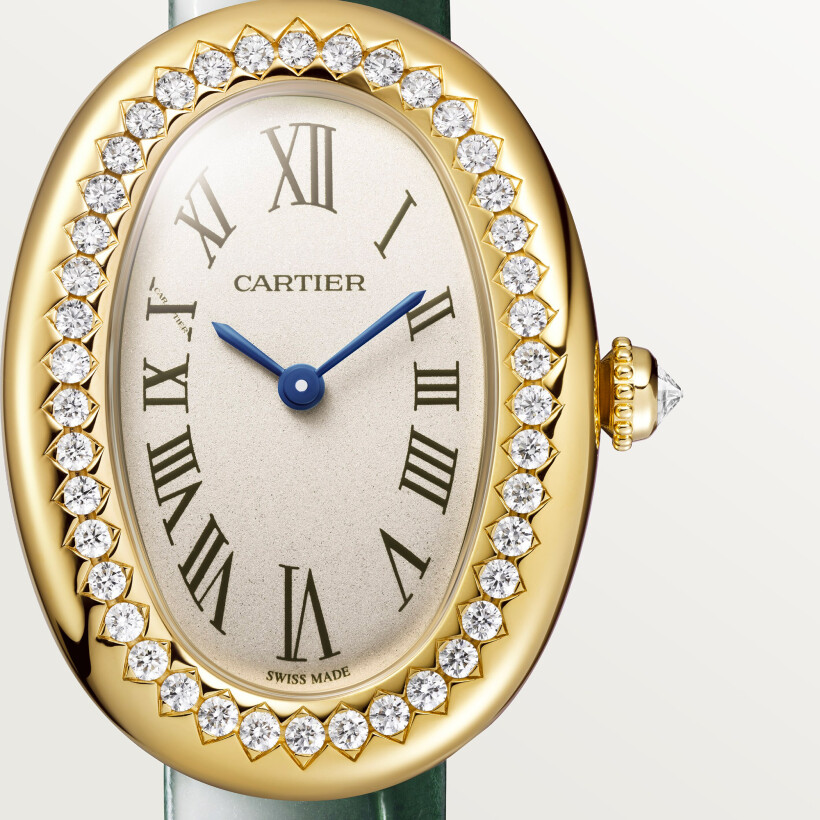 Cartier Baignoire watch, Small model, quartz movement, yellow gold, diamonds, leather