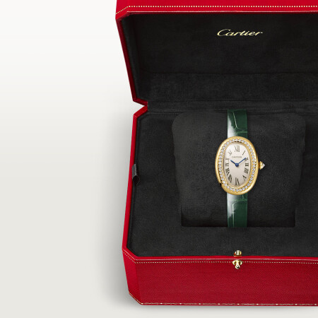 Cartier Baignoire watch, Small model, quartz movement, yellow gold, diamonds, leather