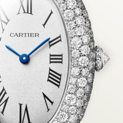Montre Baignoire de Cartier Moyen modèle, mouvement quartz, or gris, diamants, cuir