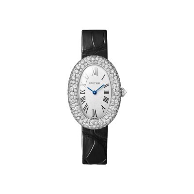 Montre Baignoire de Cartier Moyen modèle, mouvement quartz, or gris, diamants, cuir