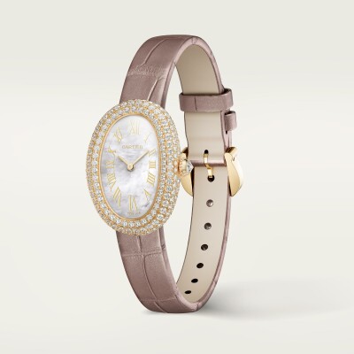 Montre Baignoire de Cartier Petit modèle, mouvement quartz, or jaune, nacre, diamants, cuir
