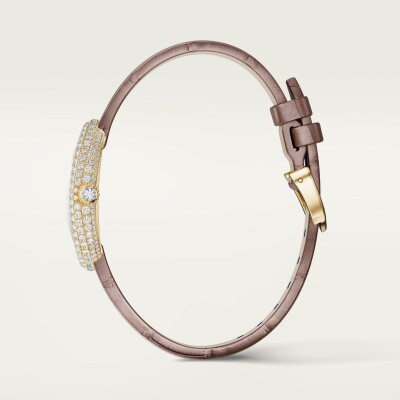 Montre Baignoire de Cartier Petit modèle, mouvement quartz, or jaune, nacre, diamants, cuir