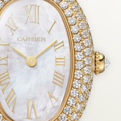 Montre Baignoire de Cartier Petit modèle, mouvement quartz, or jaune, nacre, diamants, cuir