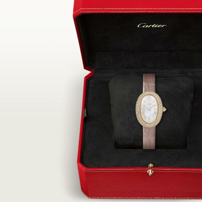 Montre Baignoire de Cartier Petit modèle, mouvement quartz, or jaune, nacre, diamants, cuir