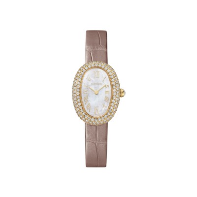 Montre Baignoire de Cartier Petit modèle, mouvement quartz, or jaune, nacre, diamants, cuir