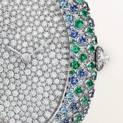 Montre Baignoire de Cartier Moyen modèle, mouvement quartz, or gris, saphirs, émeraudes, diamants, cuir