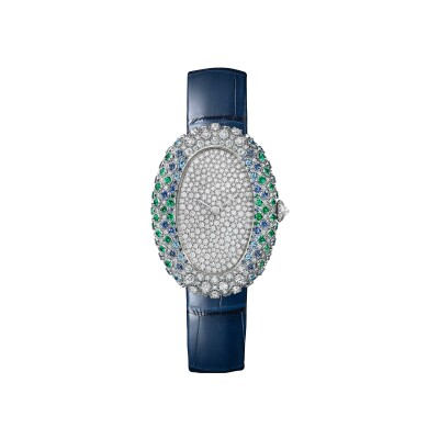 Montre Baignoire de Cartier Moyen modèle, mouvement quartz, or gris, saphirs, émeraudes, diamants, cuir