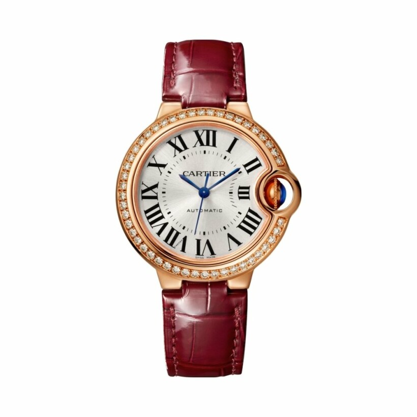 Ballon Bleu de Cartier watch, 33mm, automatic movement, rose gold, diamonds, leather
