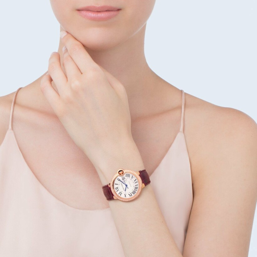 Ballon Bleu de Cartier watch, 36mm, automatic movement, rose gold, diamonds, leather